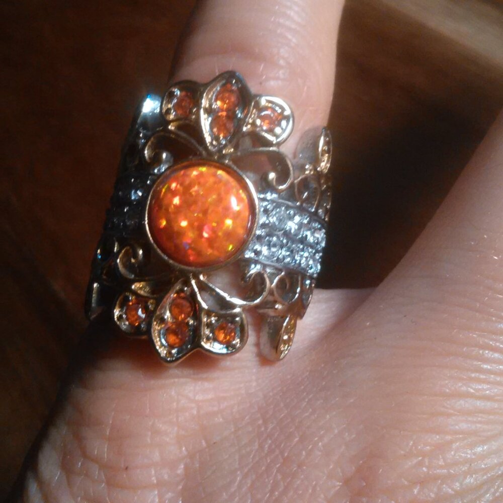 Simulated Opal and Orange and White Crystal Stainless Steel Ring (Size 6)